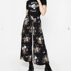 Disturbia Black Revival Floral Skull Wide Leg Culotte Trousers Pants Flowy Witch